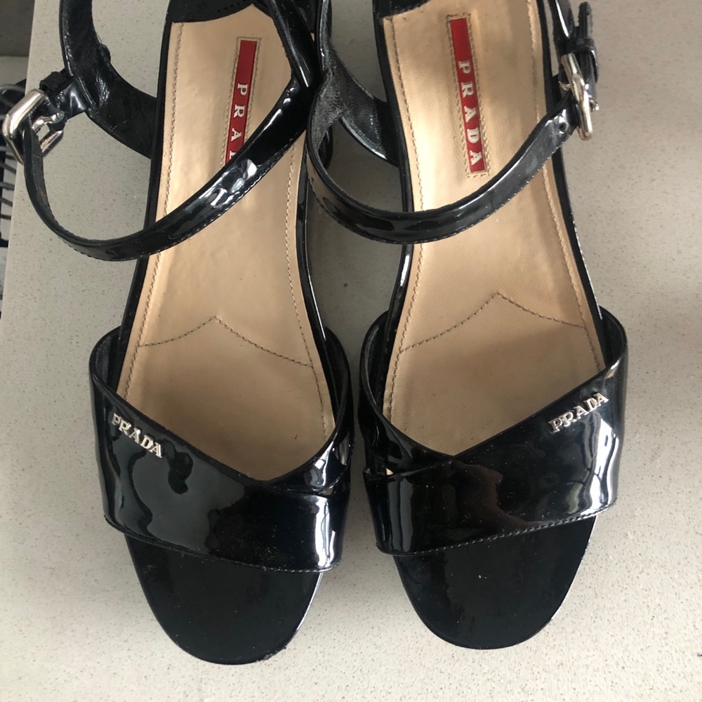 Prada Sport Black Patent Wedge Sandals